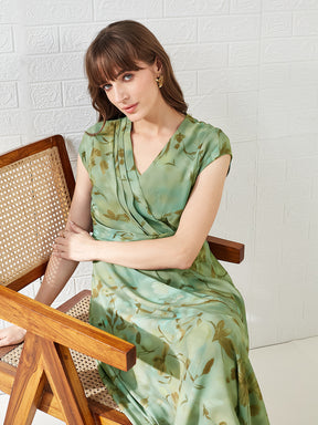 Latin Quarters Women's Green Cap Sleeves V-Neck Printed Casual Midi Dress