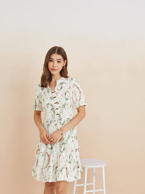 Latin Quarters Women'S White Mandarin Neck Half Sleeves Printed Casual A-Line Dress