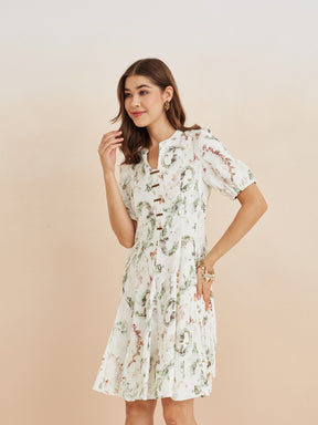 Latin Quarters Women'S White Mandarin Neck Half Sleeves Printed Casual A-Line Dress