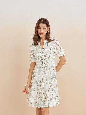 Latin Quarters Women'S White Mandarin Neck Half Sleeves Printed Casual A-Line Dress