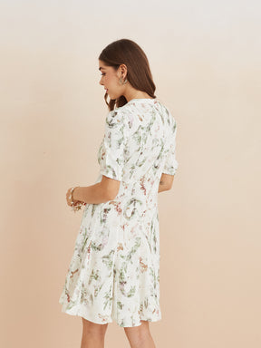 Latin Quarters Women'S White Mandarin Neck Half Sleeves Printed Casual A-Line Dress