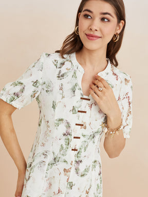 Latin Quarters Women'S White Mandarin Neck Half Sleeves Printed Casual A-Line Dress