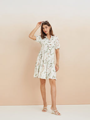 Latin Quarters Women'S White Mandarin Neck Half Sleeves Printed Casual A-Line Dress