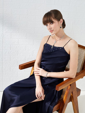 Latin Quarters Women Blue Strappy Sleeves Sweetheart Neck A-line Party Maxi Dress