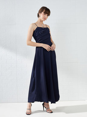 Latin Quarters Women Blue Strappy Sleeves Sweetheart Neck A-line Party Maxi Dress