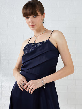 Latin Quarters Women Blue Strappy Sleeves Sweetheart Neck A-line Party Maxi Dress