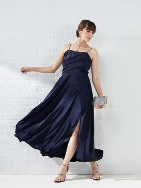 Latin Quarters Women Blue Strappy Sleeves Sweetheart Neck A-line Party Maxi Dress
