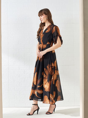Latin Quarters Women's Brown Printed V-Neck Half Sleeves Casual A-Line Dress