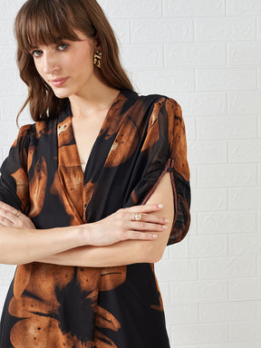 Latin Quarters Women's Brown Printed V-Neck Half Sleeves Casual A-Line Dress
