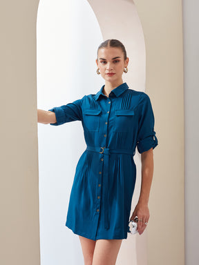 Latin Quarters Women Shirt Blue 3/4Th Sleeves Collared Solid Casual Dress