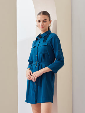Latin Quarters Women Shirt Blue 3/4Th Sleeves Collared Solid Casual Dress