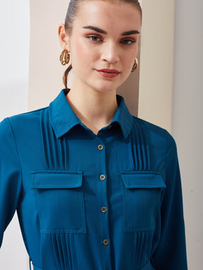 Latin Quarters Women Shirt Blue 3/4Th Sleeves Collared Solid Casual Dress