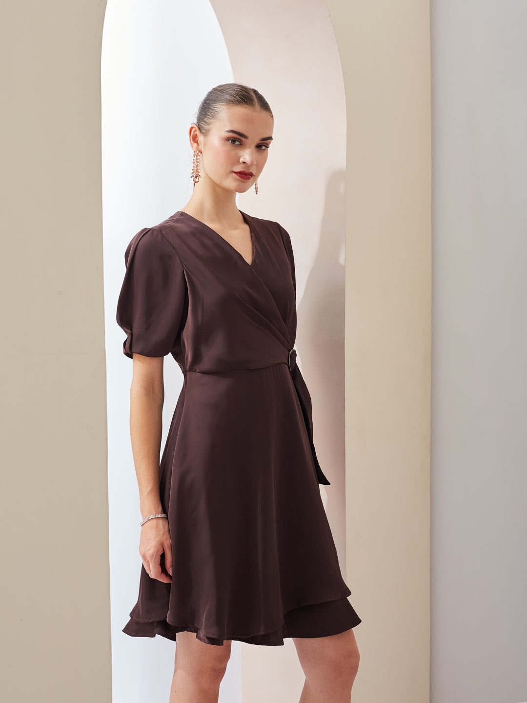 Latin Quarters Women A-Line Brown Half Sleeve V-Neck Solid Casual Dress