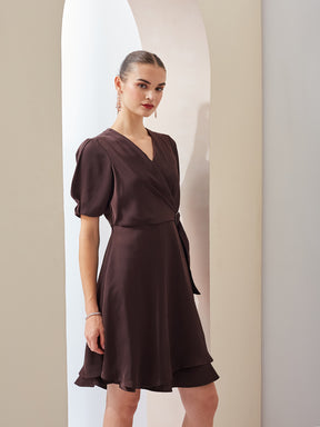 Latin Quarters Women A-Line Brown Half Sleeve V-Neck Solid Casual Dress