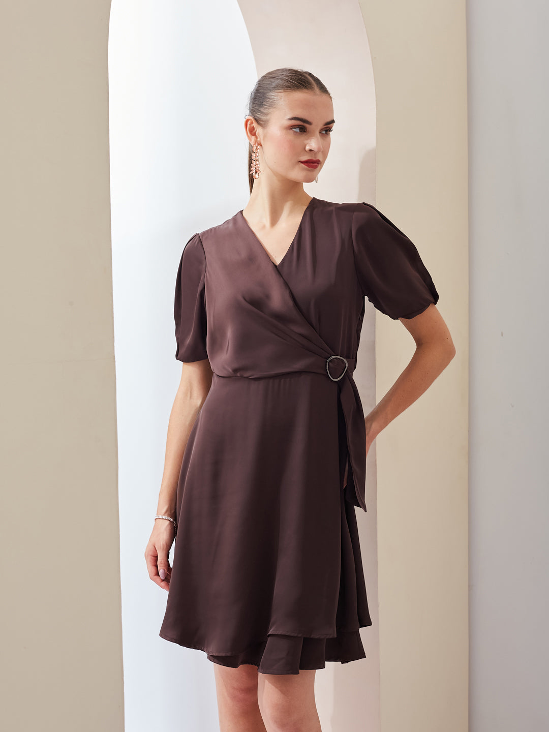 Latin Quarters Women A-Line Brown Half Sleeve V-Neck Solid Casual Dress