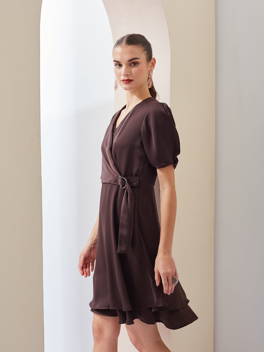 Latin Quarters Women A-Line Brown Half Sleeve V-Neck Solid Casual Dress