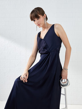 Latin Quarters Women's Blue Sleeveless V-Neck Solid Party Maxi Dress