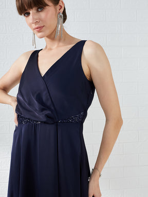Latin Quarters Women's Blue Sleeveless V-Neck Solid Party Maxi Dress