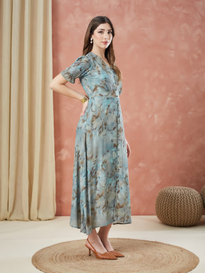 Latin Quarters Women's Green Half Sleeves Printed V-Neck Casual Dress