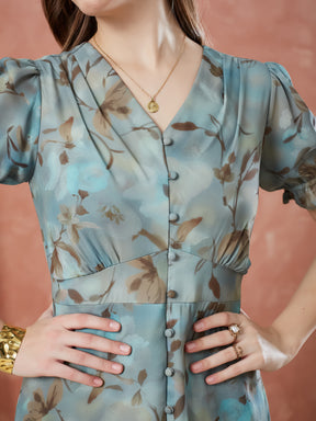 Latin Quarters Women's Green Half Sleeves Printed V-Neck Casual Dress