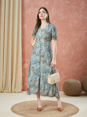 Latin Quarters Women's Green Half Sleeves Printed V-Neck Casual Dress