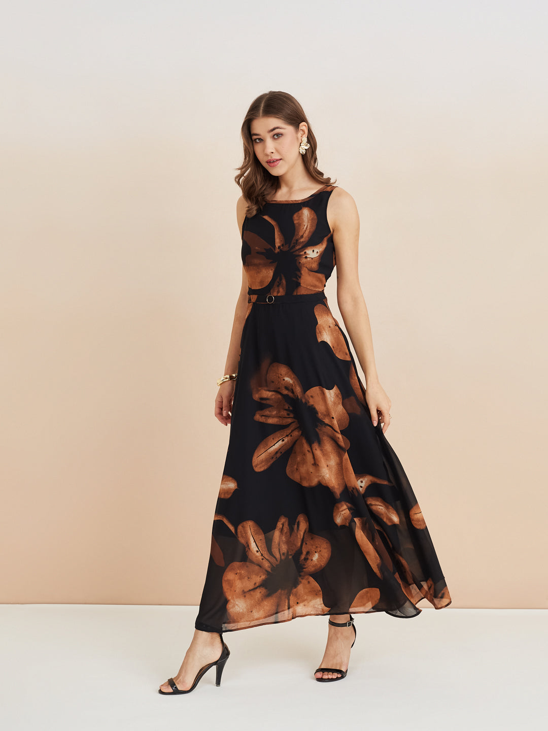 Latin Quarters Women'S Black Round Neck Sleeveless Printed Casual A-Line Dress