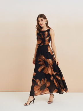 Latin Quarters Women'S Black Round Neck Sleeveless Printed Casual A-Line Dress