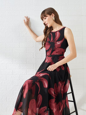 Latin Quarters Women's Wine Sleeveless Round Neck Printed Casual Maxi Dress