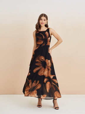 Latin Quarters Women'S Black Round Neck Sleeveless Printed Casual A-Line Dress