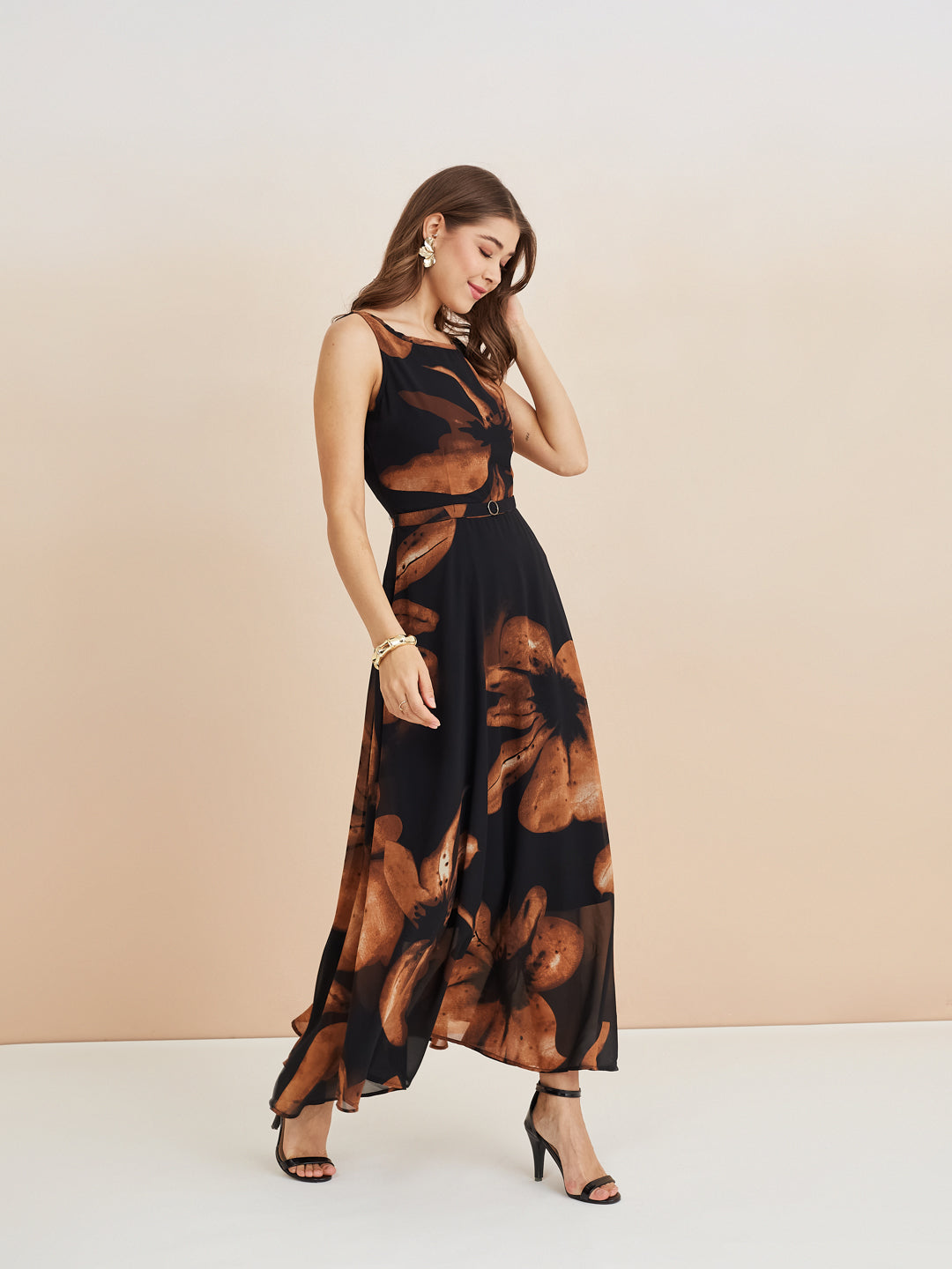 Latin Quarters Women'S Black Round Neck Sleeveless Printed Casual A-Line Dress