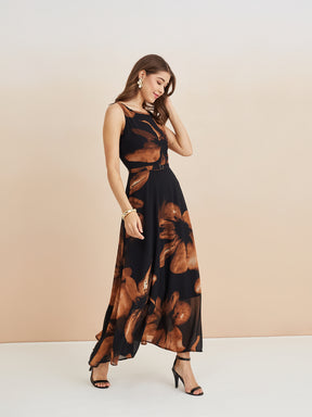 Latin Quarters Women'S Black Round Neck Sleeveless Printed Casual A-Line Dress
