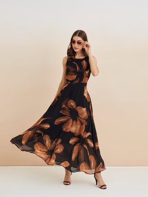 Latin Quarters Women'S Black Round Neck Sleeveless Printed Casual A-Line Dress