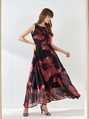 Latin Quarters Women's Wine Sleeveless Round Neck Printed Casual Maxi Dress