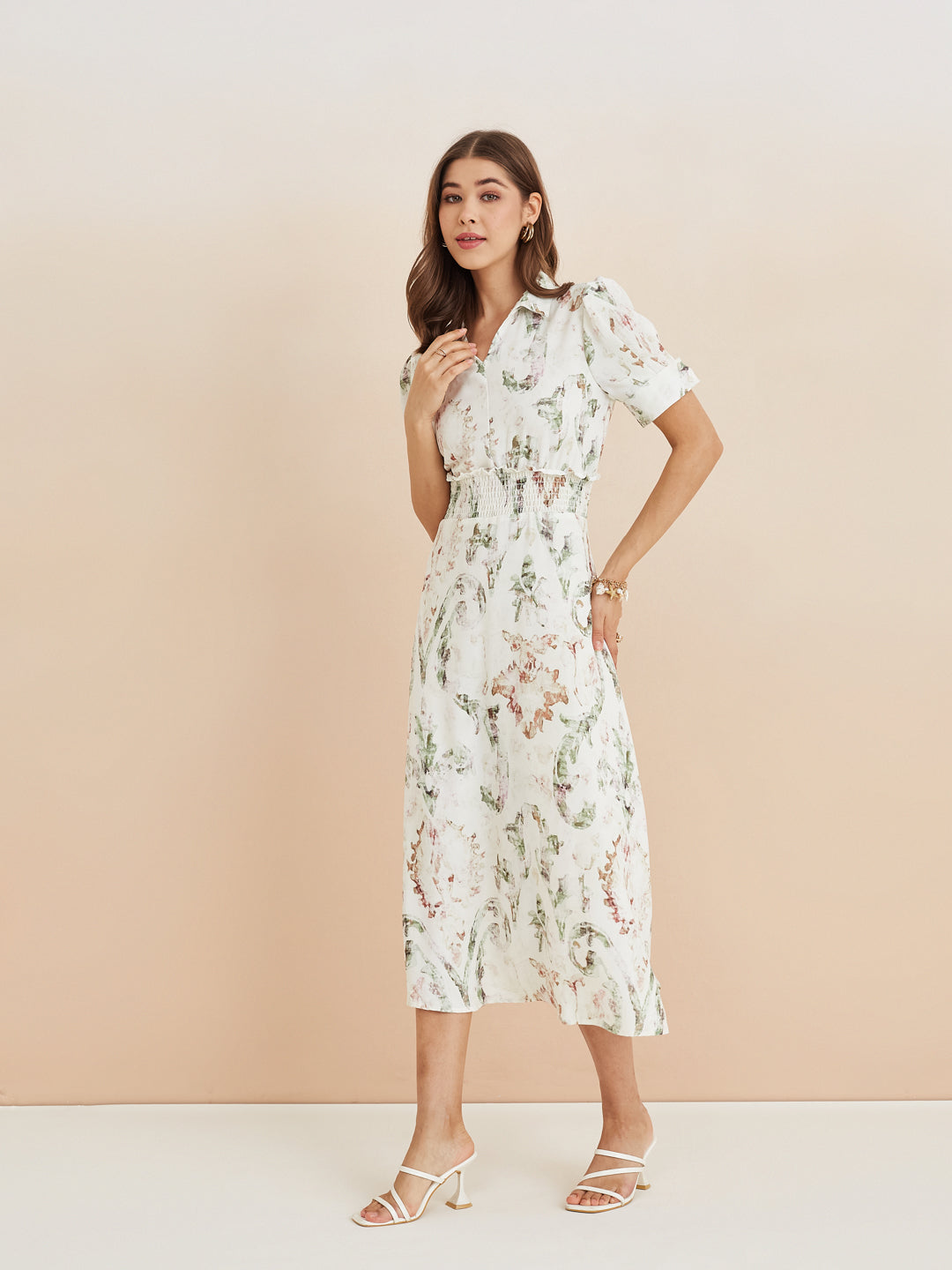 Latin Quarters Women'S White Collar Neck Half Sleeves Printed Casual Fit & Flare Dress