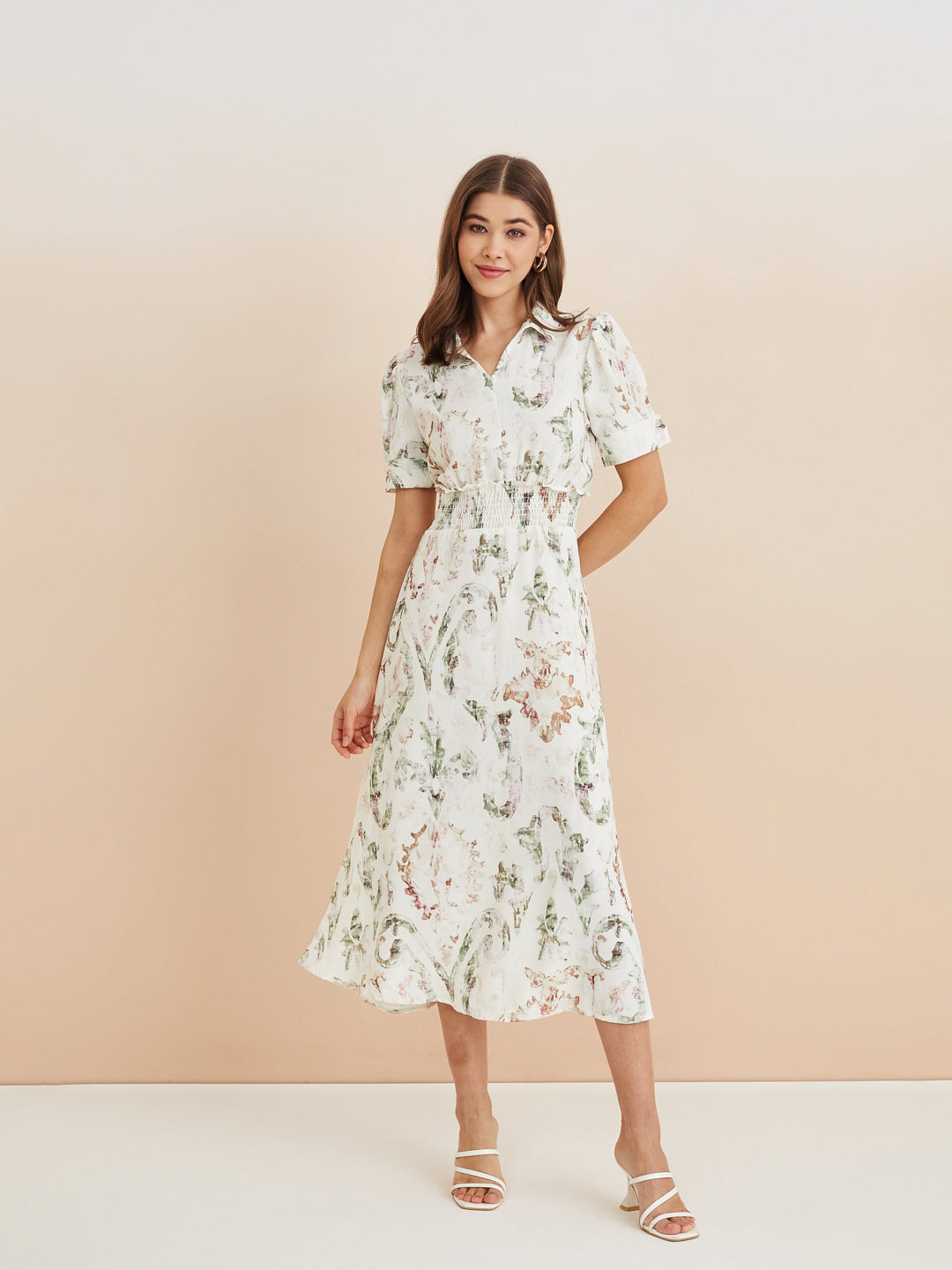 Latin Quarters Women'S White Collar Neck Half Sleeves Printed Casual Fit & Flare Dress