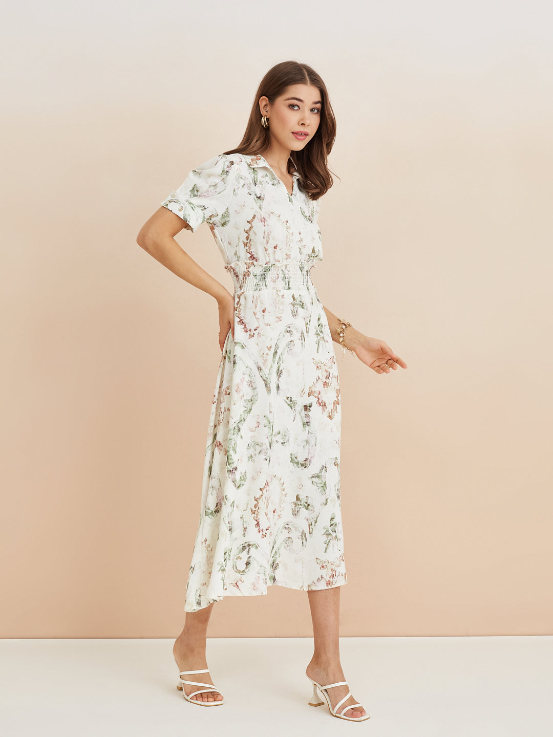 Latin Quarters Women'S White Collar Neck Half Sleeves Printed Casual Fit & Flare Dress