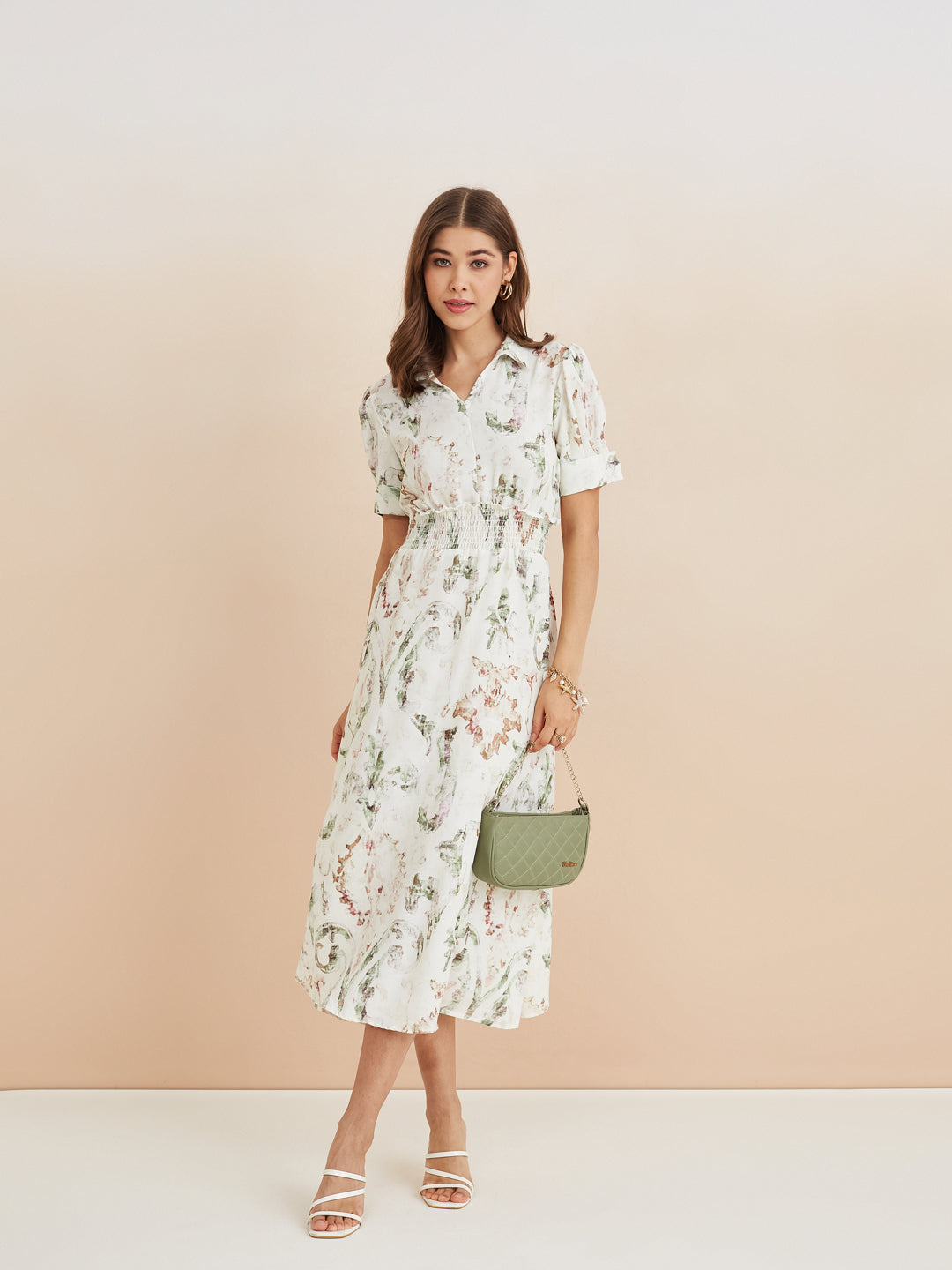 Latin Quarters Women'S White Collar Neck Half Sleeves Printed Casual Fit & Flare Dress