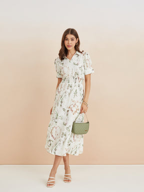 Latin Quarters Women'S White Collar Neck Half Sleeves Printed Casual Fit & Flare Dress