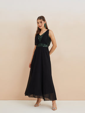 Latin Quarters Women'S Black V-Neck Sleeveless Solid Party A-Line Dress