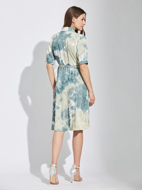 Latin Quarters Women's Green Half Sleeves Collared Tie-Dye Casual Knee Length Dress