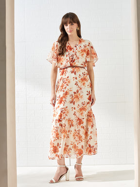 Latin Quarters Women's Rust Short Sleeves V-Neck Printed Casual Maxi Dress