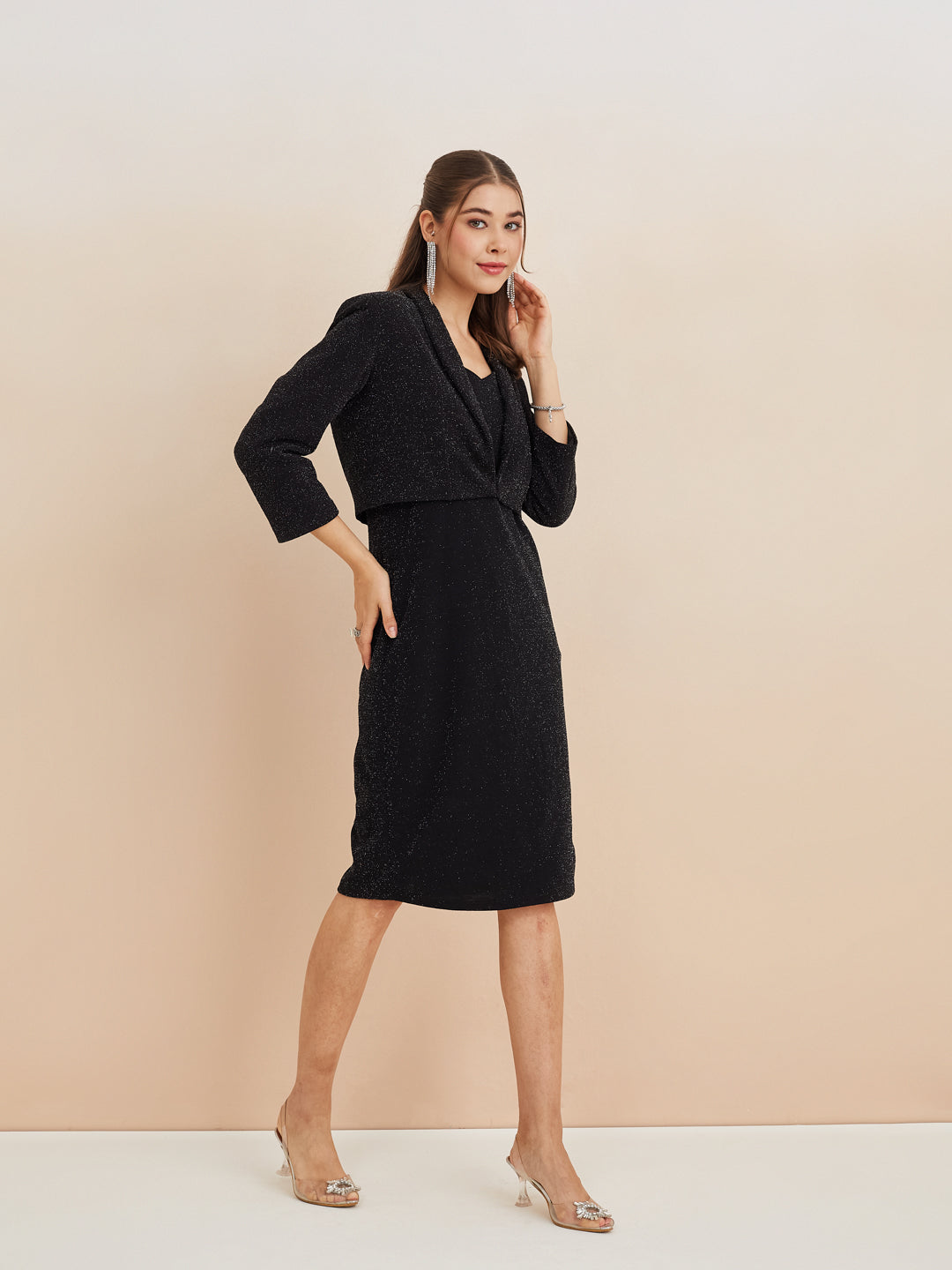 Latin Quarters Women'S Black Sweatheart Neck Sleeveless Solid Party Bodycon Dress Shrug Set