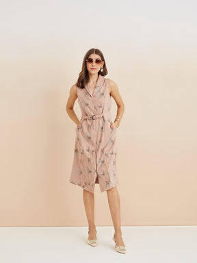 Latin Quarters Women'S Beige Collar Neck Sleeveless Printed Casual Shirt Dress