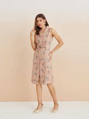 Latin Quarters Women'S Beige Collar Neck Sleeveless Printed Casual Shirt Dress
