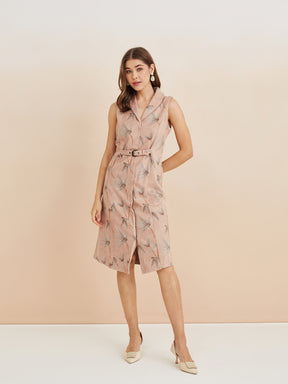 Latin Quarters Women'S Beige Collar Neck Sleeveless Printed Casual Shirt Dress
