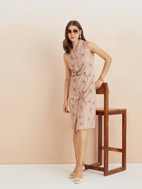 Latin Quarters Women'S Beige Collar Neck Sleeveless Printed Casual Shirt Dress
