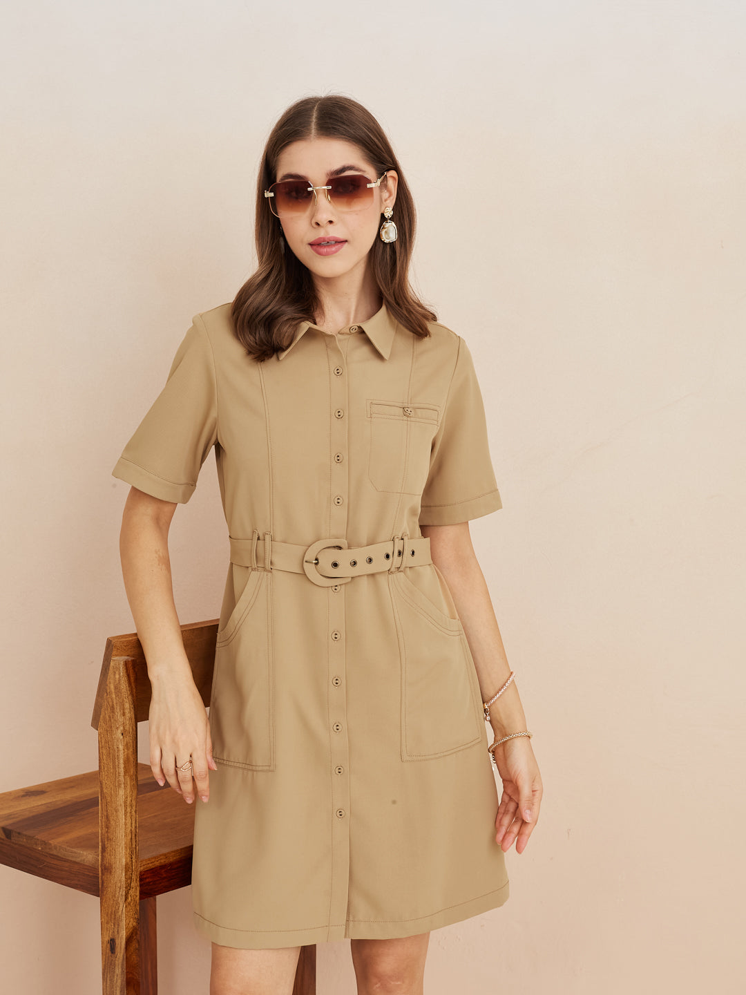 Latin Quarters Women'S Beige Collar Neck Half Sleeves Solid Casual Shirt Dress