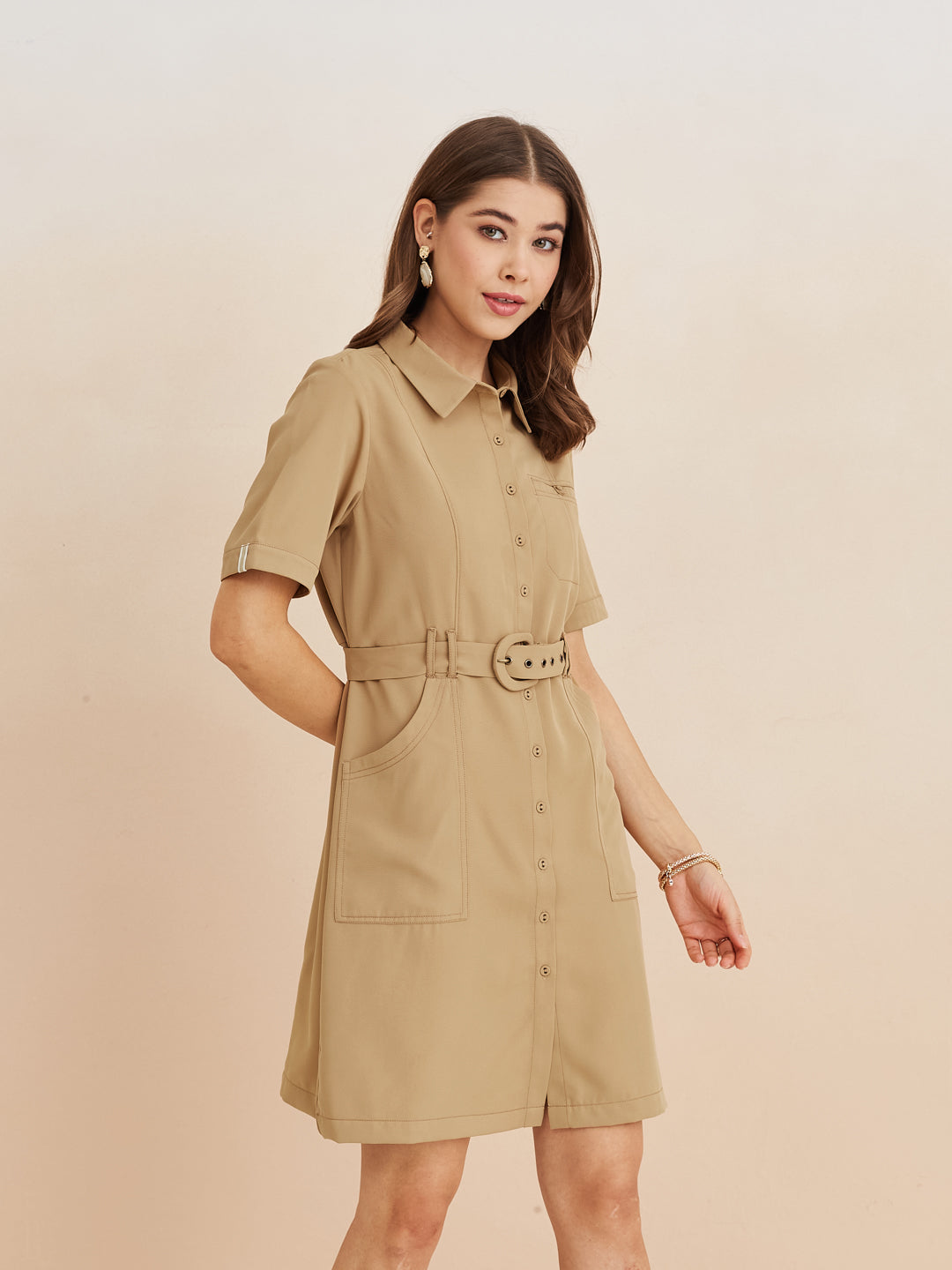 Latin Quarters Women'S Beige Collar Neck Half Sleeves Solid Casual Shirt Dress