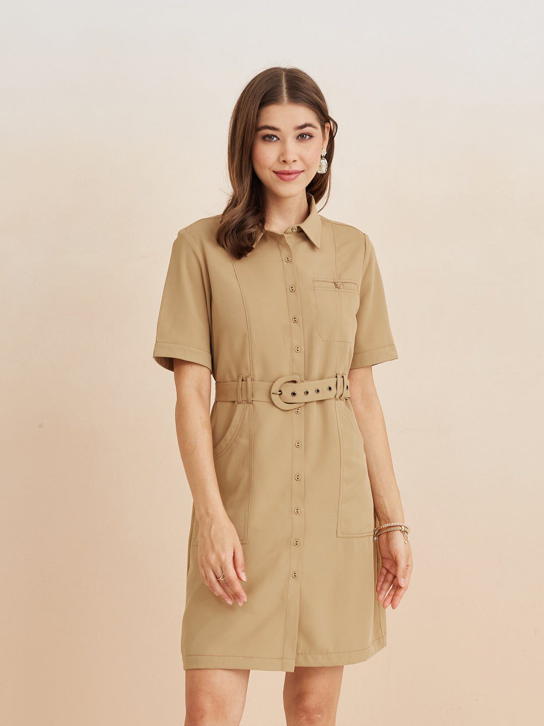 Latin Quarters Women'S Beige Collar Neck Half Sleeves Solid Casual Shirt Dress