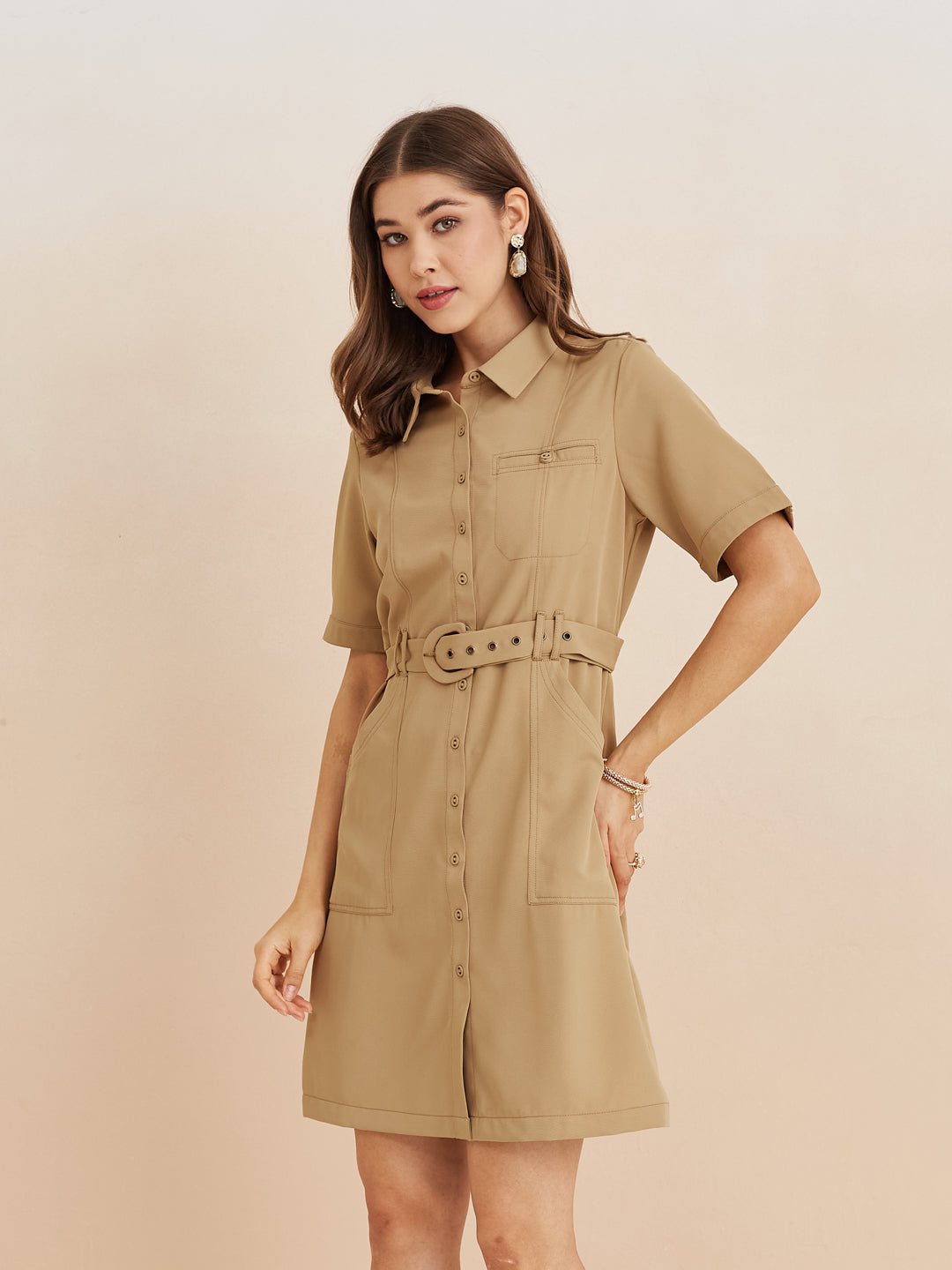 Latin Quarters Women'S Beige Collar Neck Half Sleeves Solid Casual Shirt Dress